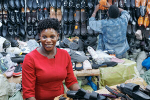 Sarah at her shoe business in Kampala